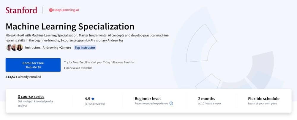 Machine Learning Specialization course title screenshot.