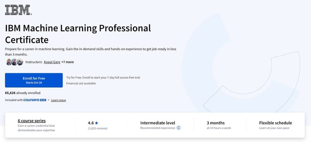 IBM Machine Learning Professional Certificate course screenshot.