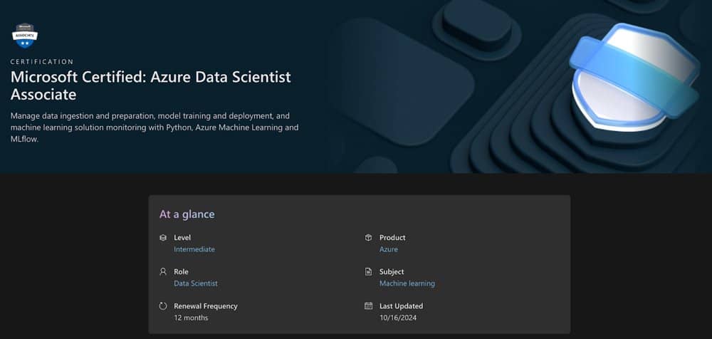 Microsoft Azure Data Scientist Associate Certification course title screenshot.