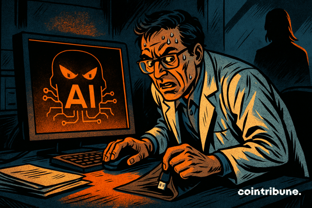 A sweaty scientist hides a USB drive while a screen displays a menacing AI. A mysterious figure watches him. Suspense, tension, and technological secrecy dominate this dramatic scene.