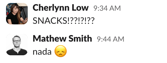 A snippet of a screenshot of a Slack chat between Cherlynn Low and Mathew Smith at 9:34AM ET, with Low asking 