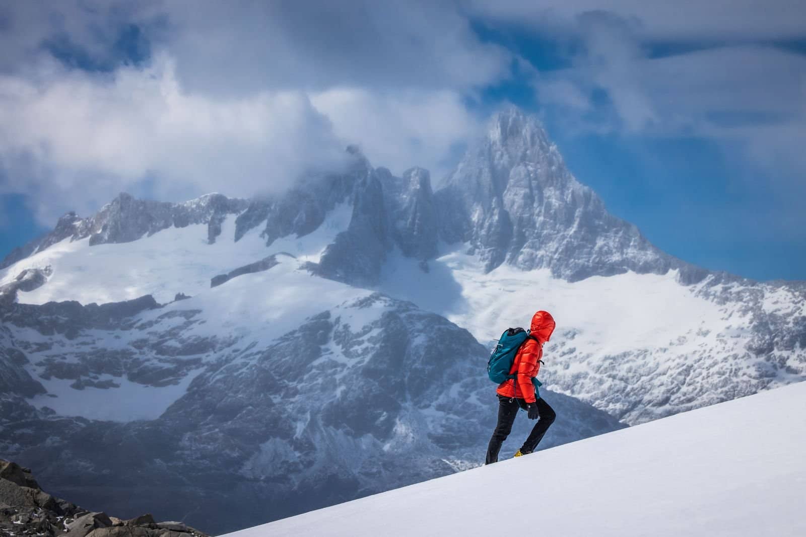 hike backpack snow mountain winter